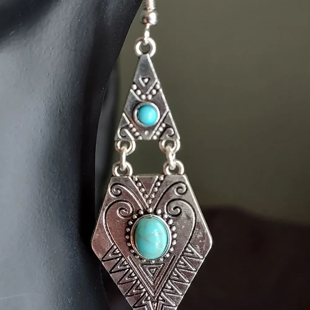 WESTERN SILVER TURQUOISE BOHO AZTEC DANGLE EARRINGS